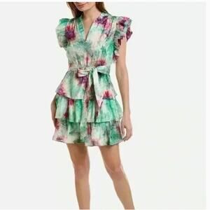 Marie Oliver Emery Abstract-Print Silk Blend Ruffle Tiered Mini Dress Size XS